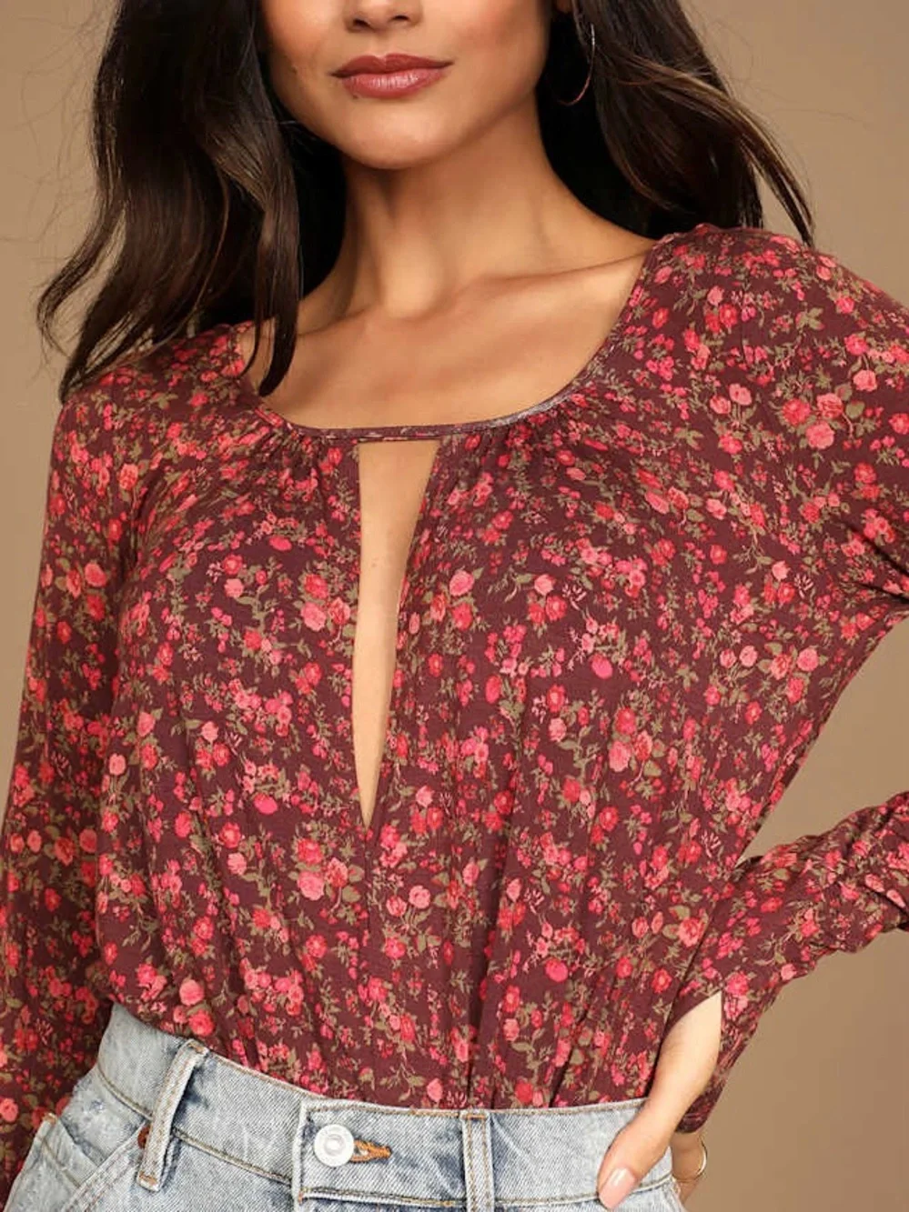 Free People Kaya Floral Printed Cutout Bodysuit Size L Chocolate Red